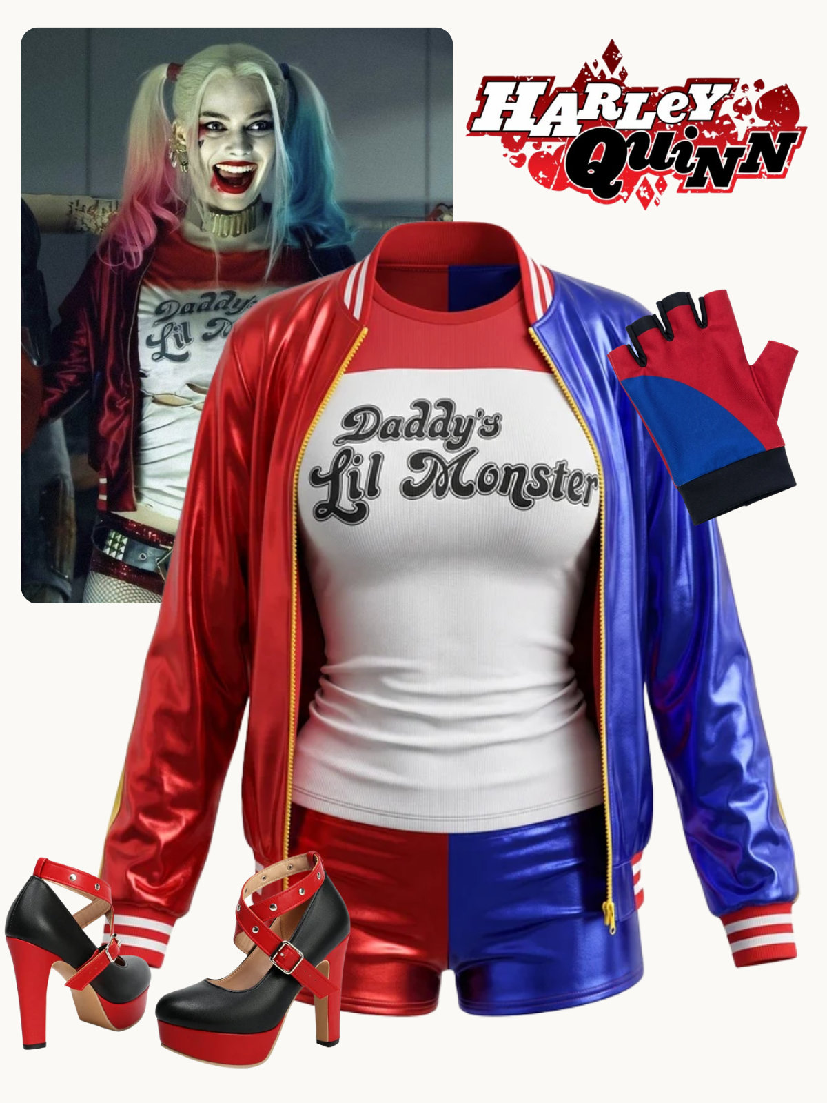 Red & Blue 1980s Metallic Letter Print Jester Costume Set