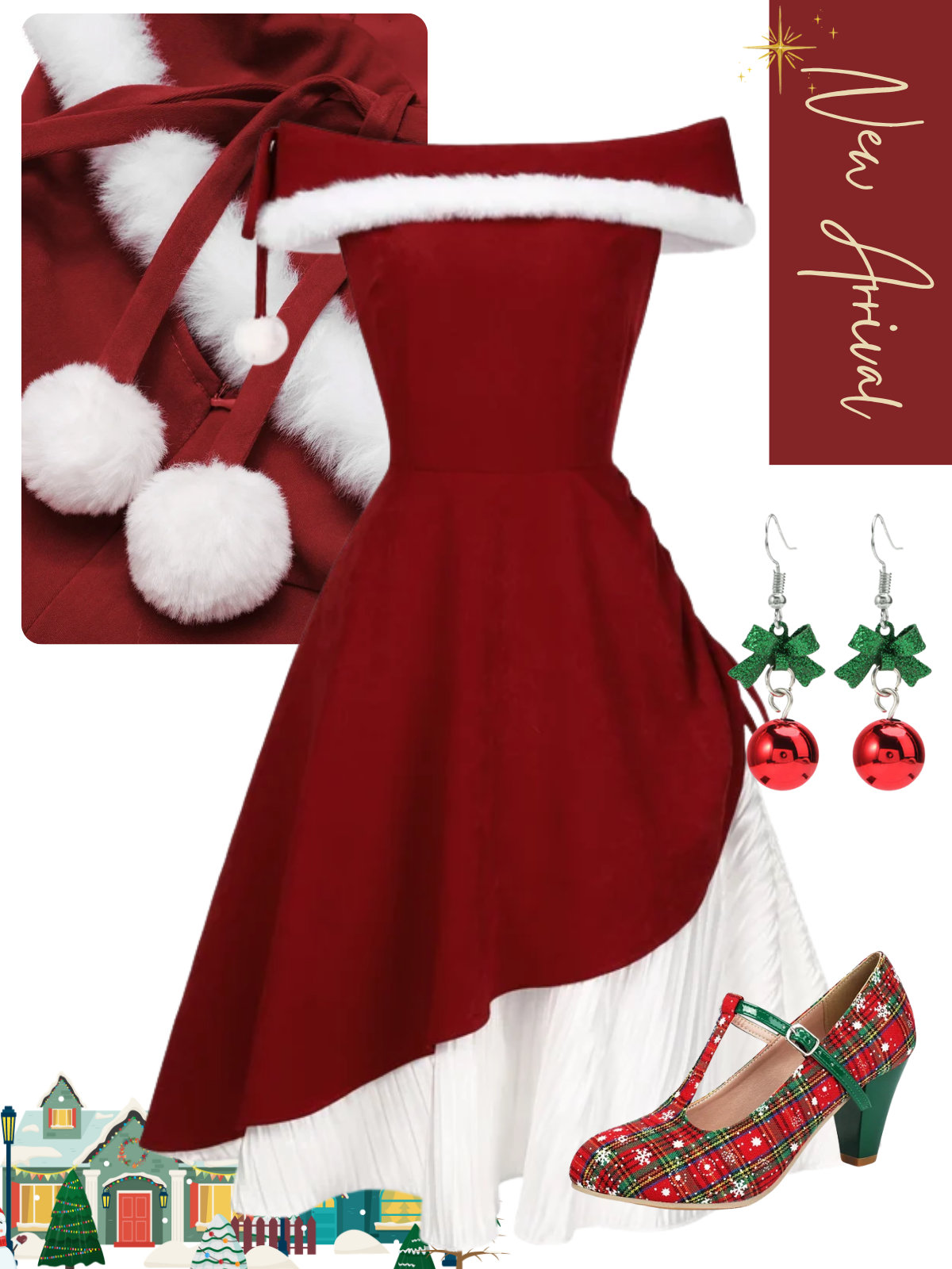 [Pre-Sale] Red 1950s Christmas Plush Off-Shoulder Dress