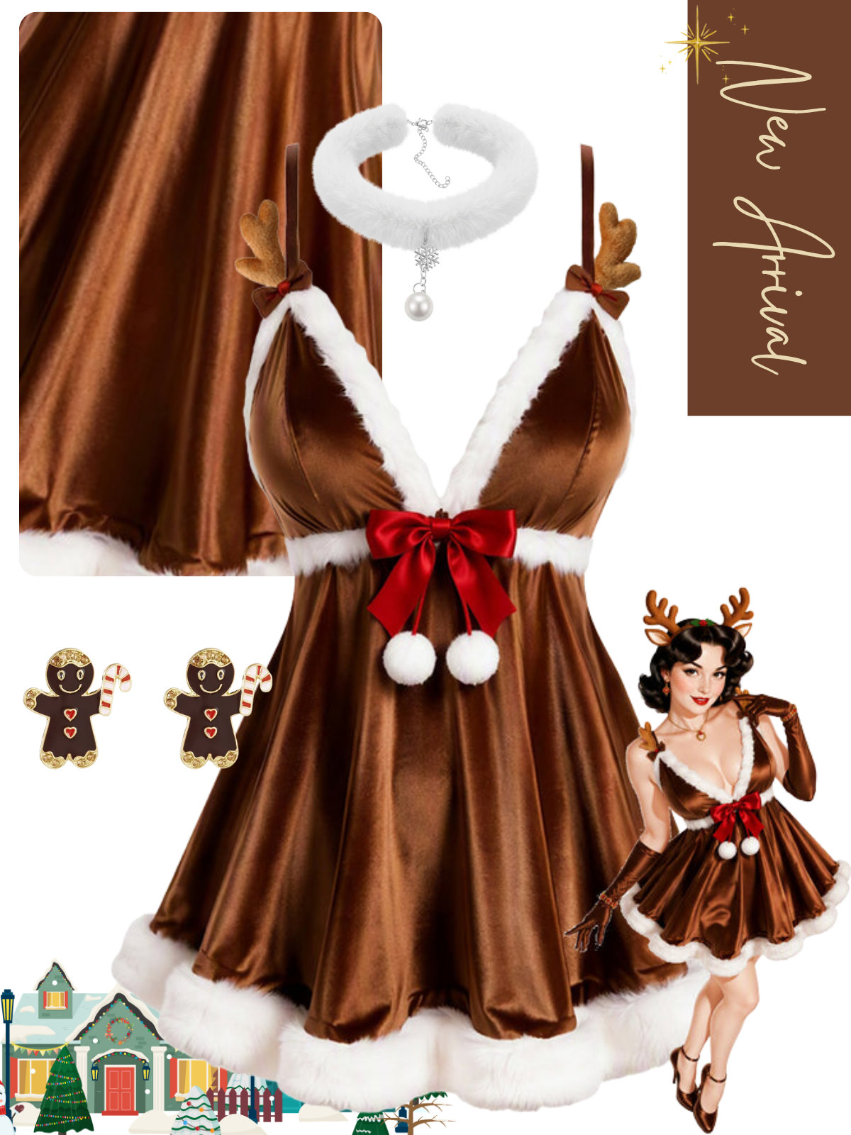 [Pre-Sale] Light Brown 1960s Bow Velvet Christmas Nightgown