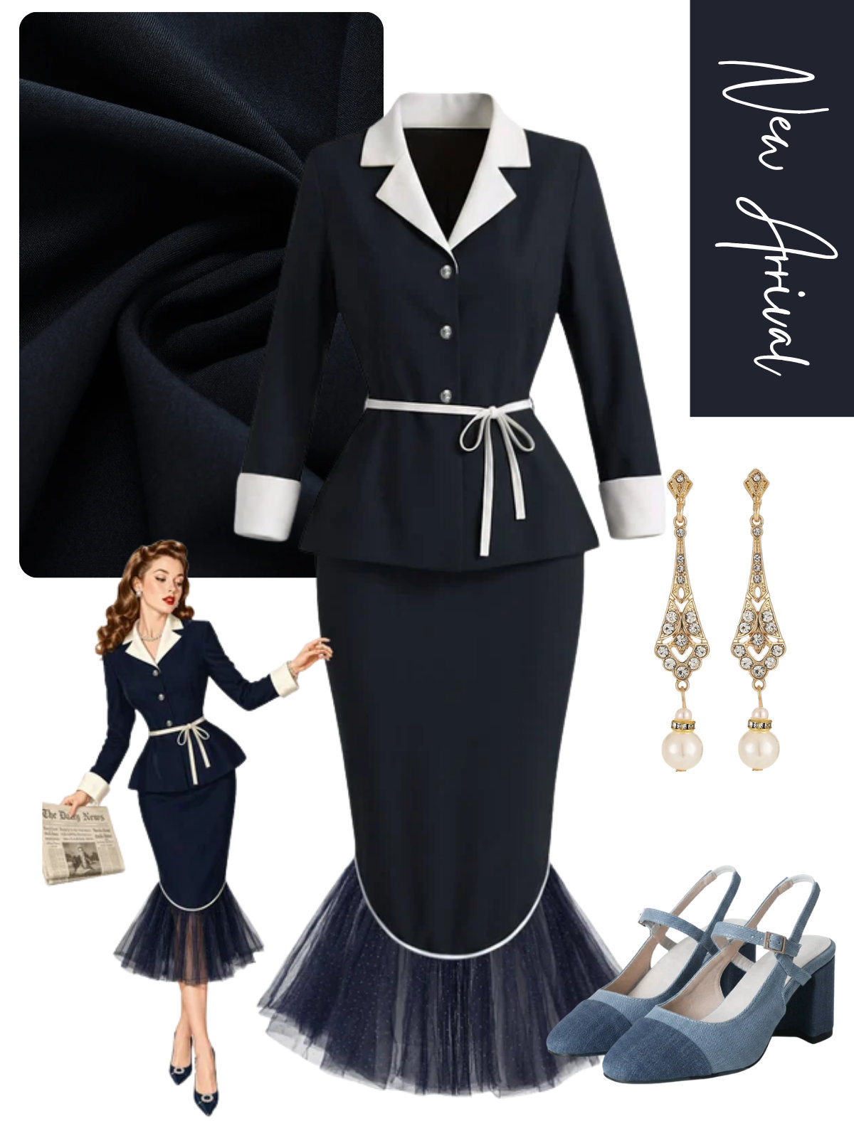 [Pre-Sale] 2PCS 1960s Lapel Belted Jacket & Tulle Hem Mermaid Skirt
