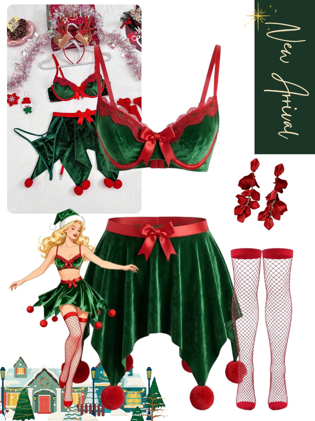 Green 1960s Christmas Elf Cami Pajama Set